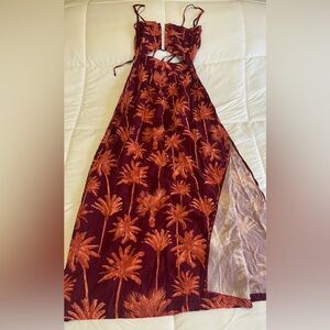 Women's Maroon Palm-Print Cutout Maxi Dress